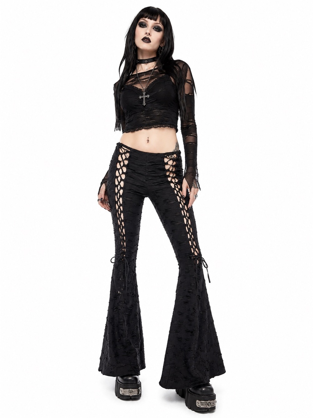 NWT Widow Beyond The Woods Shredded Lace Up Flare Pants Black Size S